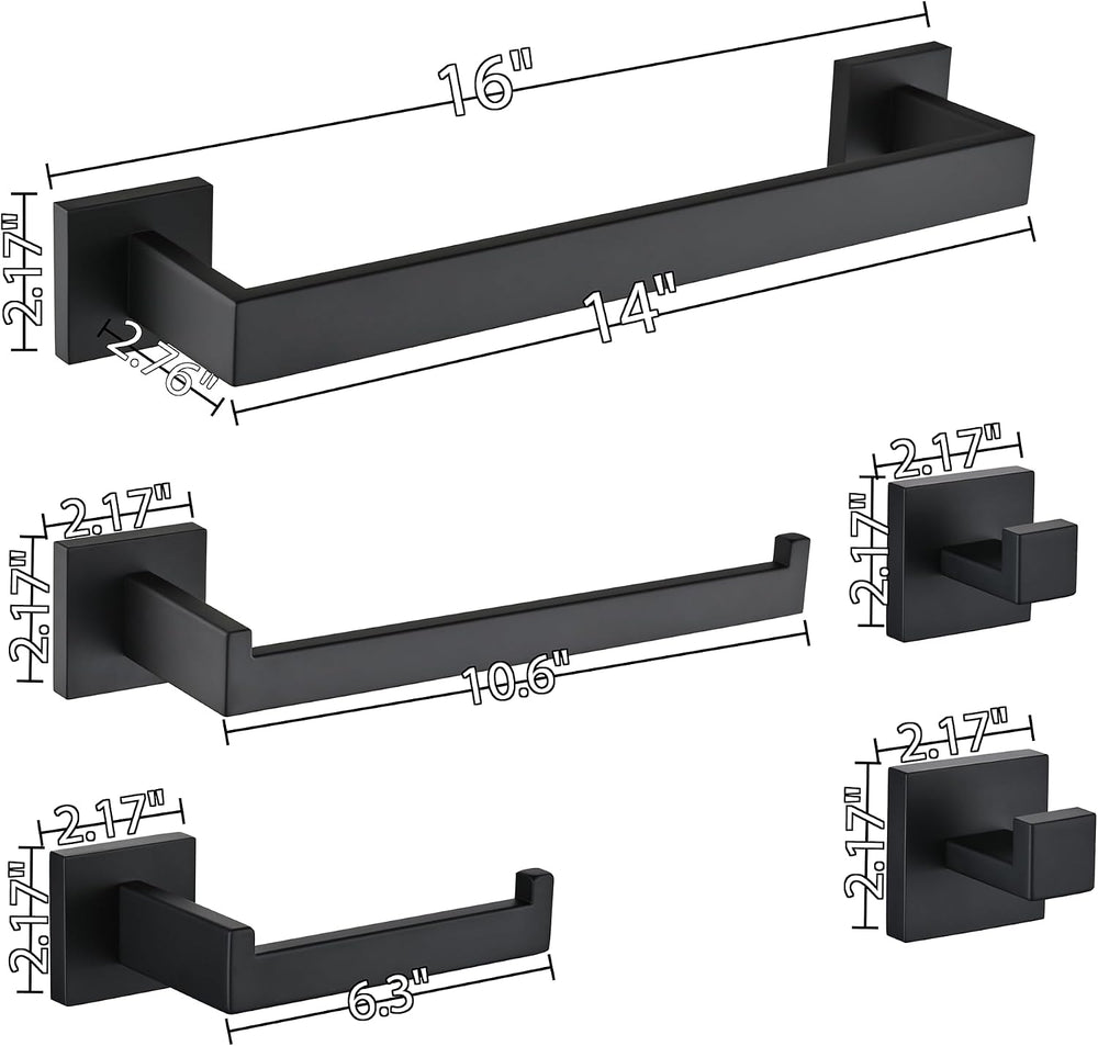 5-Piece Bathroom Hardware Set, 16 in Towel Bar, Matte Black