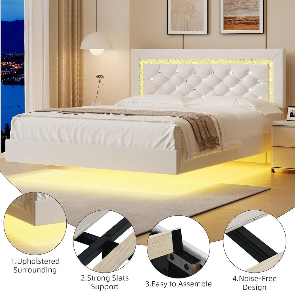 Floating Bed Frame Queen with LED Lights and Diamond Headboard,White