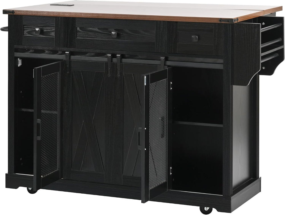 LUMISOL Farmhouse Kitchen Island Cart with Drop Leaf & 3 Drawers, Black