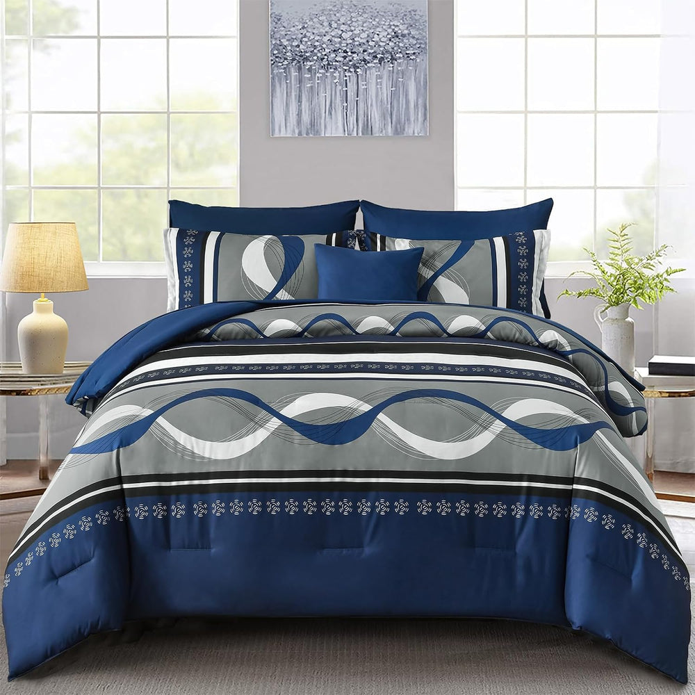 Anibedding King Size Comforter Set,Navy Blue Boho Bed in a Bag