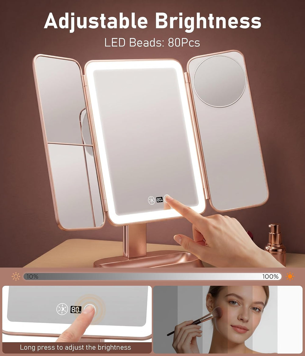Makeup Mirror With Lights, Magnifying Vanity Mirror, Trifold Travel Mirror