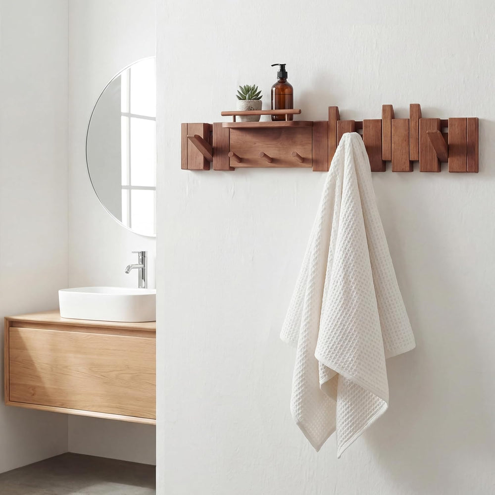 Mid Century Modern Wood Coat Rack Wall Mount with Shelf, 9 Hooks, Walnut