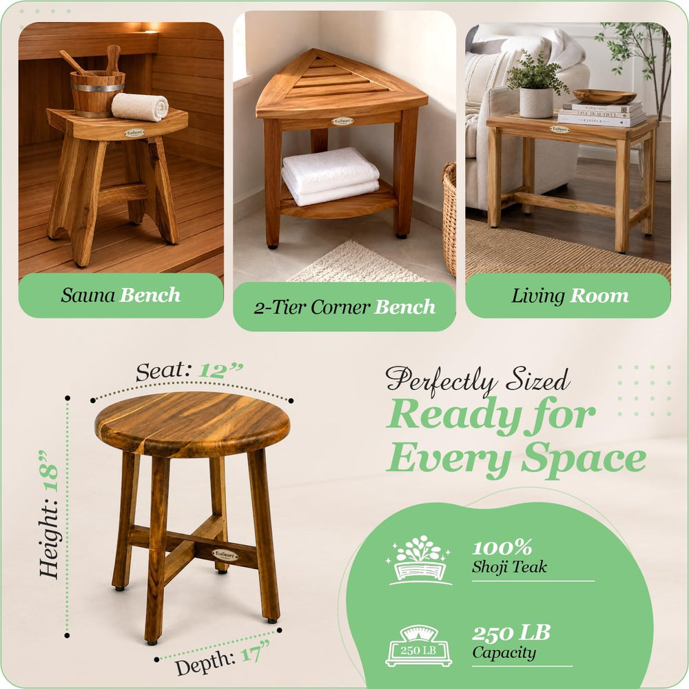 EcoDecors Shoji 18’’ Round Teak Shower Stool, Bath Seat 12’’