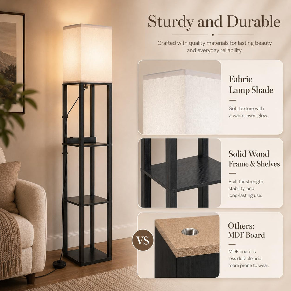 Solid Wood Floor Lamp with Shelves, Dimmable, Remote, for Living Room