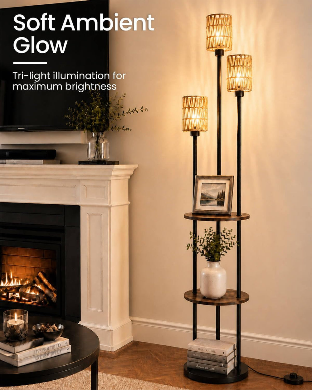 KIZON 71" Floor Lamp with Shelves and Rattan Shades, 3-Tier Standing Light