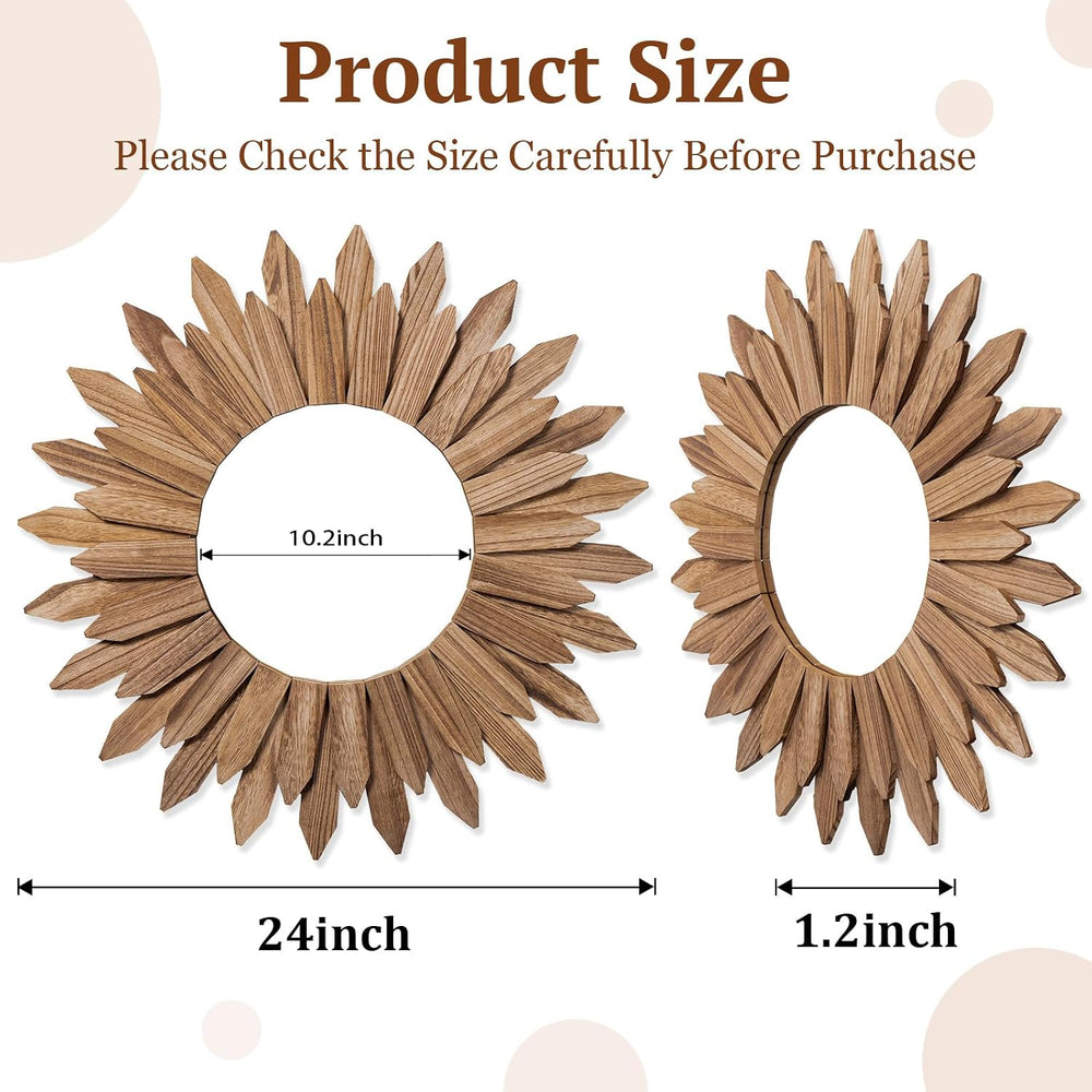 Honiway Boho Wall Decor 24 inch Rustic Wood Sunburst Boho Wall Mirror Farmhou...