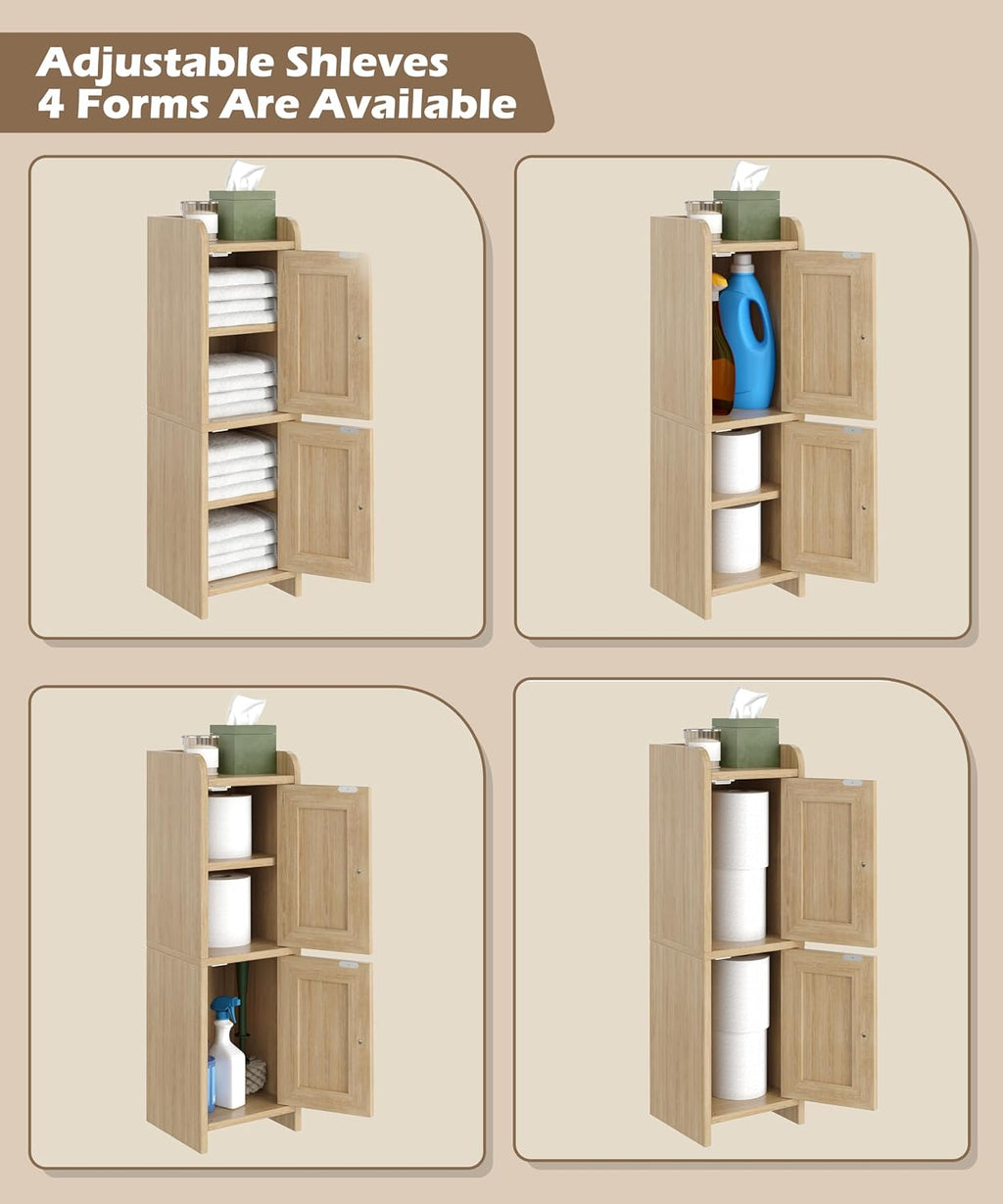 Akxomel Rattan Small Bathroom Cabinet Narrow Toilet Paper Organizer Oak
