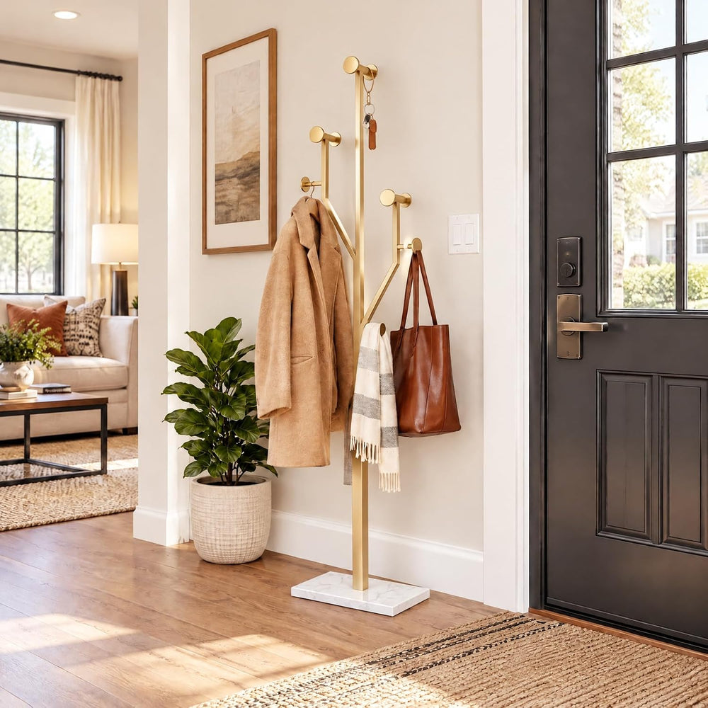 Modern Gold Coat Racks Freestanding with 8 Hooks, Coat Tree for Entryway