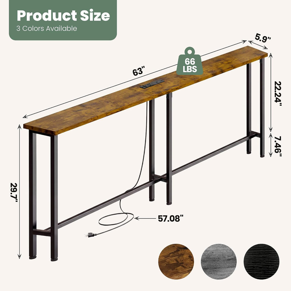 GRLEAF 63" Narrow Console Sofa Table with Built-in Power Strip (2 AC Outlets & 2 USB Ports) – 4.9ft Power Cord, Metal Frame, Easy Assembly, Ideal for Behind Couch, Hallway, and Office | Rustic Brown