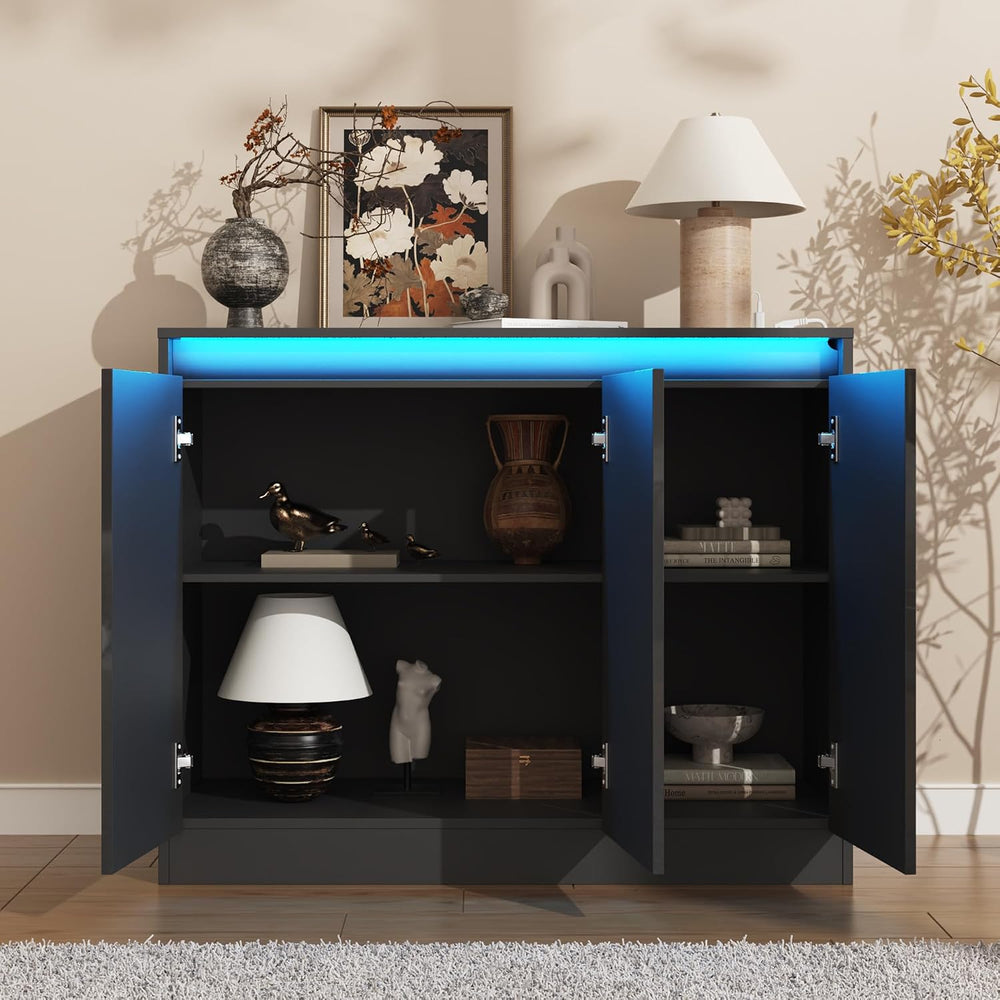 Furnify High Gloss Buffet Cabinet with LED Lights & Charging Station, Grey