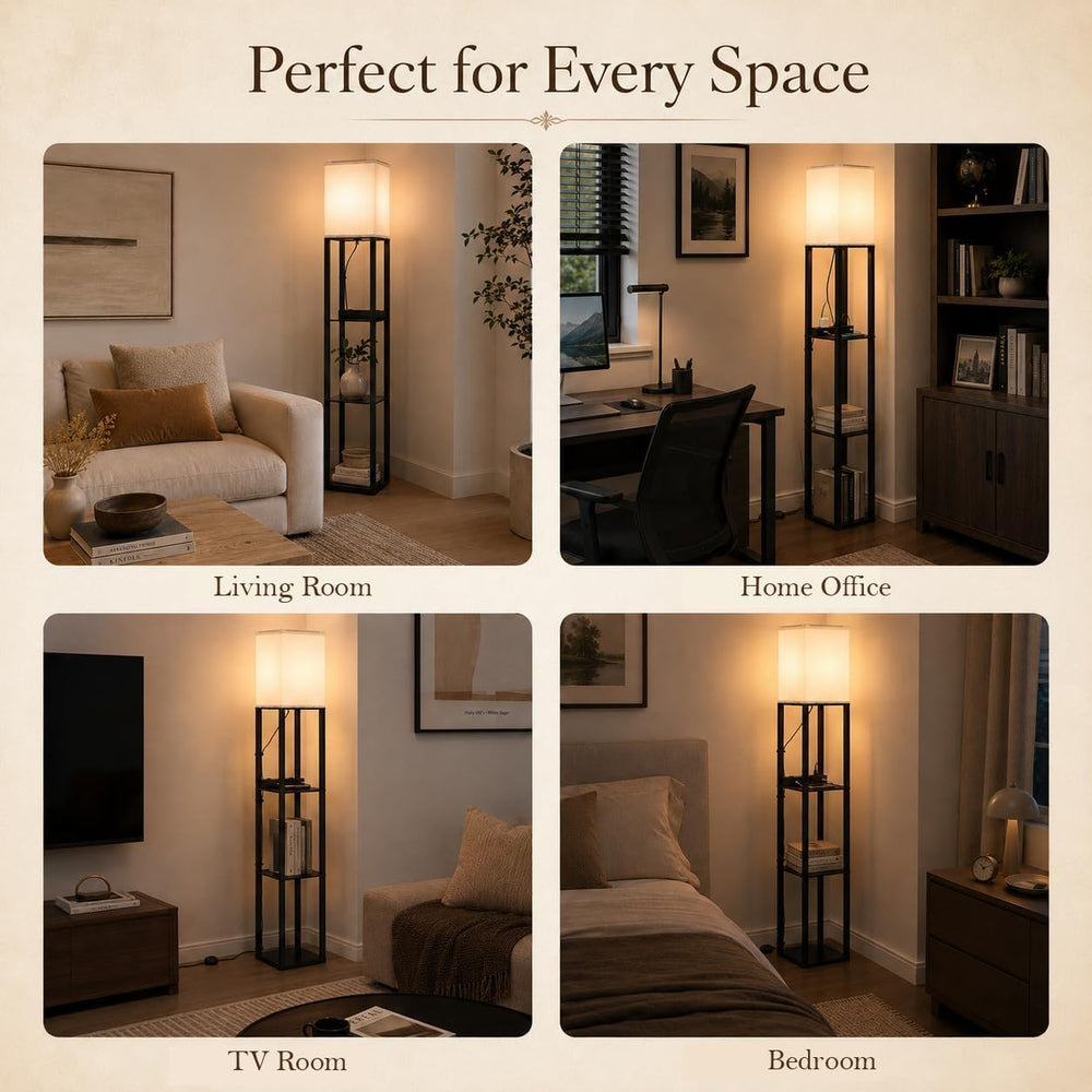 Solid Wood Floor Lamp with Shelves, Dimmable, Remote, for Living Room