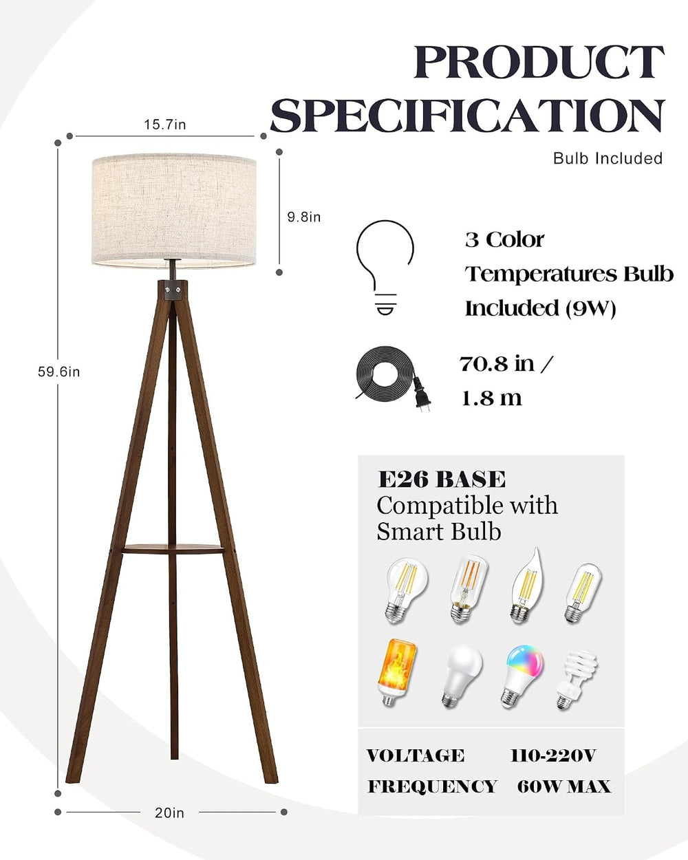 ELYONA Tripod Floor Lamp with Table, Mid Century Wood Shelf Standing Light Mo...