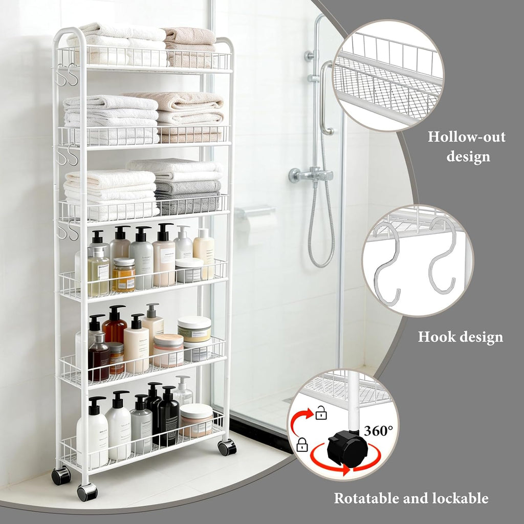6in 6 Tier Slim Rolling Storage Cart with Wheels, White