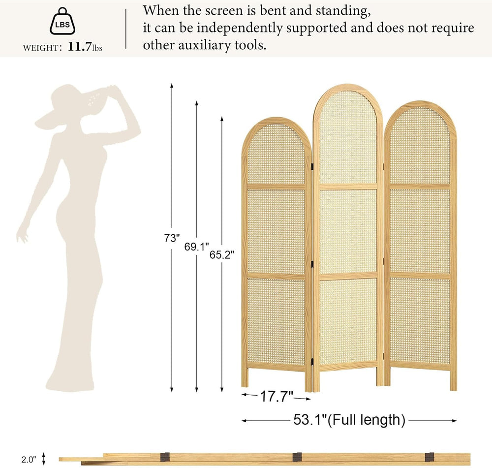 3-Panel Hand-Woven Rattan Room Divider, Tall Foldable Privacy Screen with Woo...