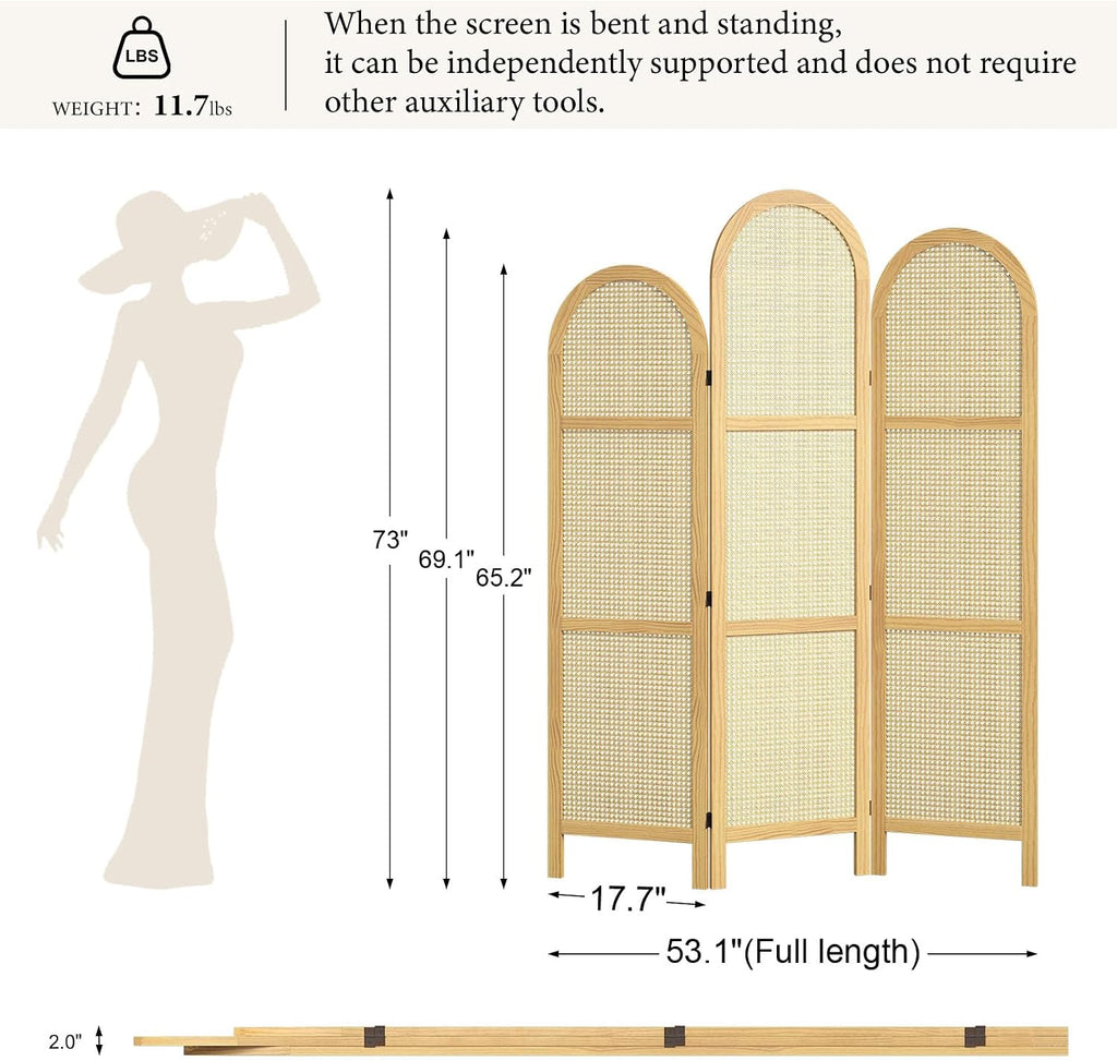 3-Panel Hand-Woven Rattan Room Divider, Tall Foldable Privacy Screen with Wooden Frame - Freestanding Portable Partition for Home Office, Bedroom, Bathroom(Natural-Wave)