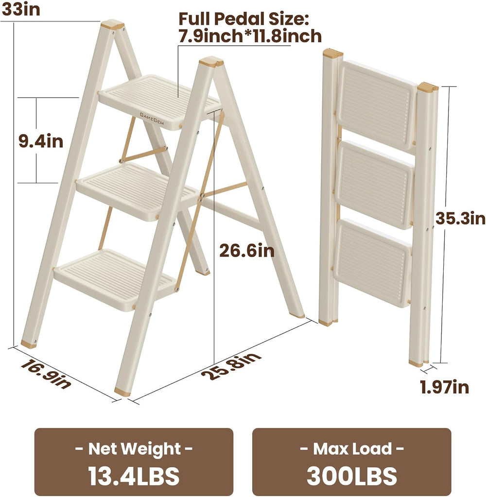 3 Step Ladder, Foldable 3 Step Stool, Cream Chocolate