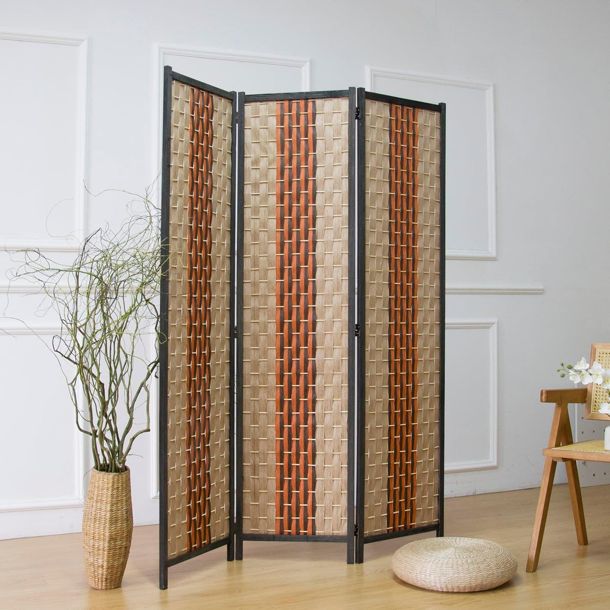 Furnnylane 3 Panel Rattan Room Divider, Beige Orange Folding Privacy Screen