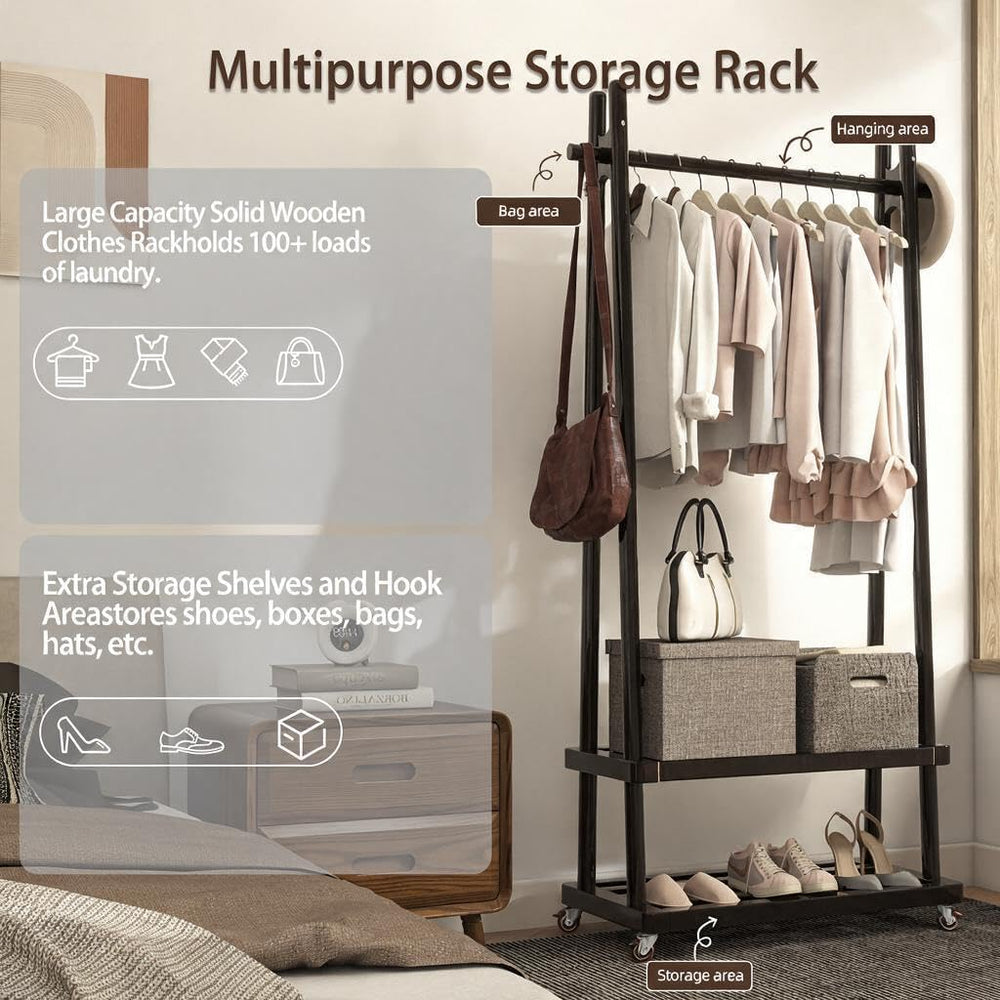 Solid Wood Clothing Rack with Wheels, Garment Rack Shelves, 31.5"W BLACK