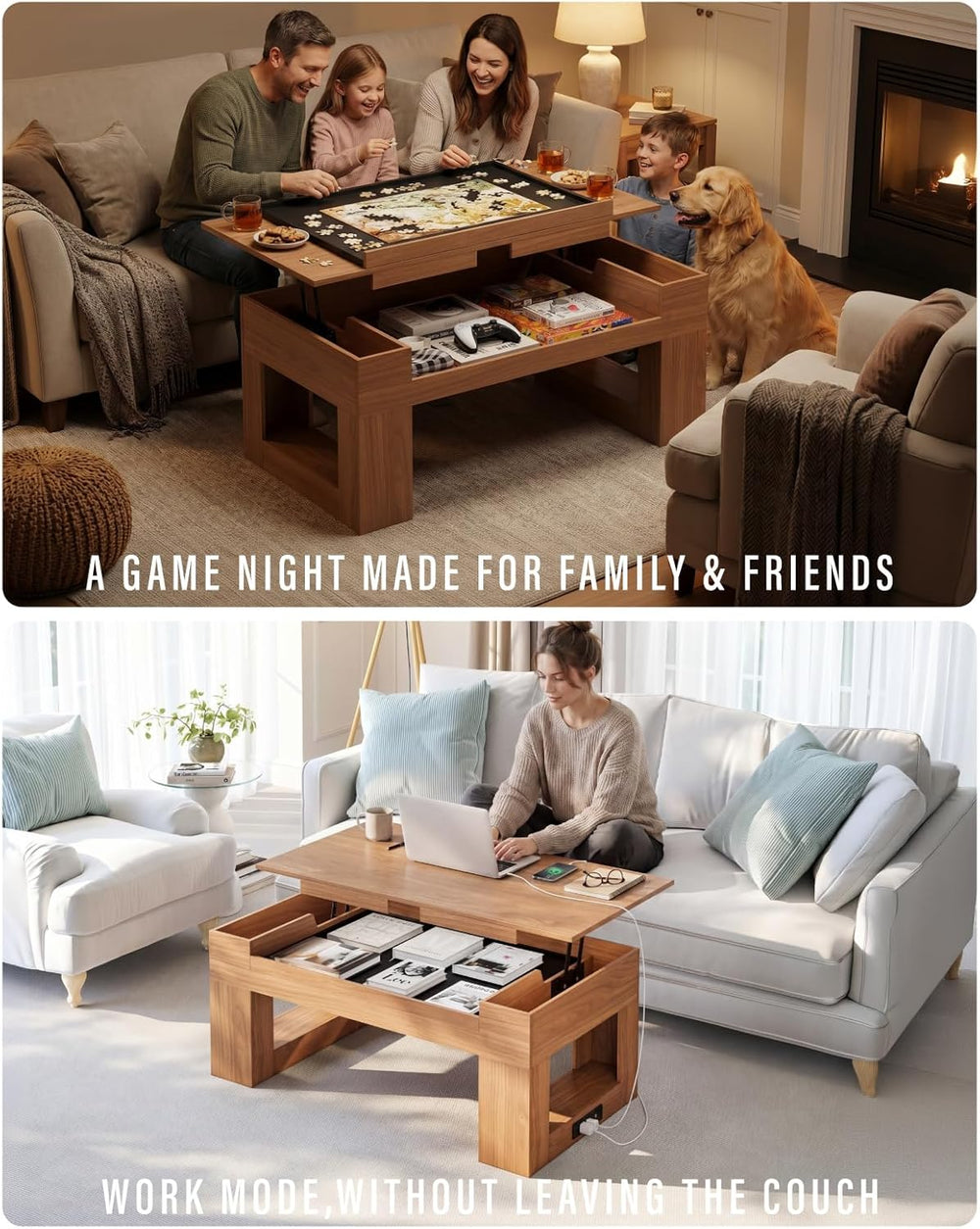 Lift Top Coffee Table with Puzzle Tray, Modern Wood Center Table with Hidden ...