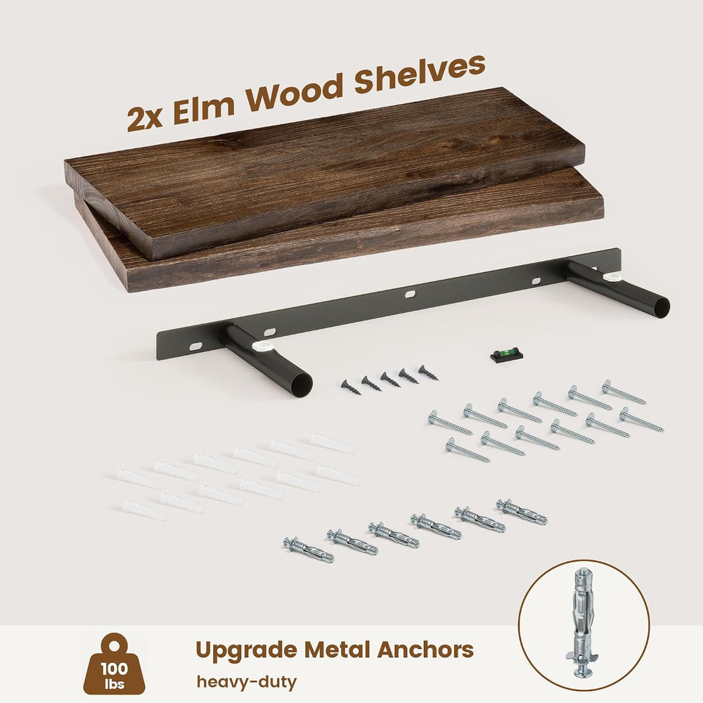 Solid Wood Floating Shelves 24 Inch, Live Edge, Heavy-Duty, Walnut, 2pcs
