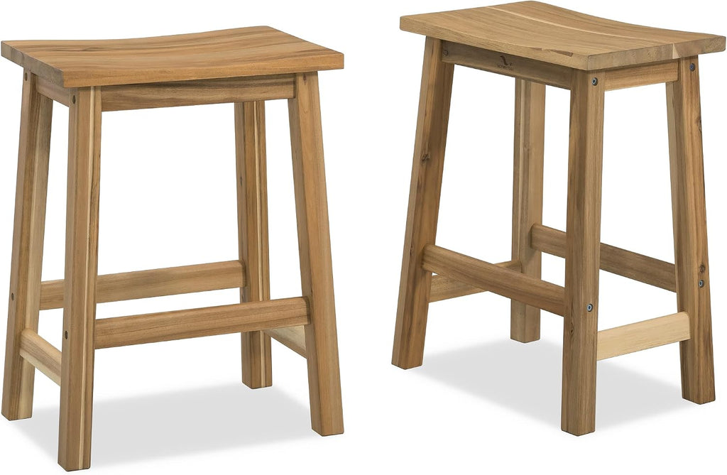 VICTORY RELAX Wooden Counter Stool - Set of 2 Backless Design with Ergonomic Saddle Seat - Light Natural Acacia Wood Kitchen & Bar Stool - Space-Saving Seating & Decor, 24 Inch Height