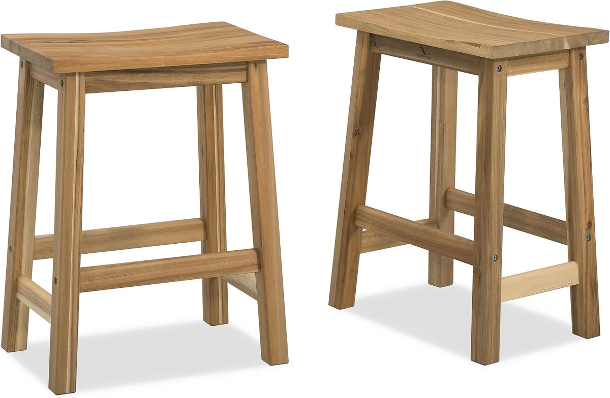 VICTORY RELAX Wooden Counter Stool - Set of 2 Backless Design with Ergonomic Saddle Seat - Light Natural Acacia Wood Kitchen & Bar Stool - Space-Saving Seating & Decor, 24 Inch Height