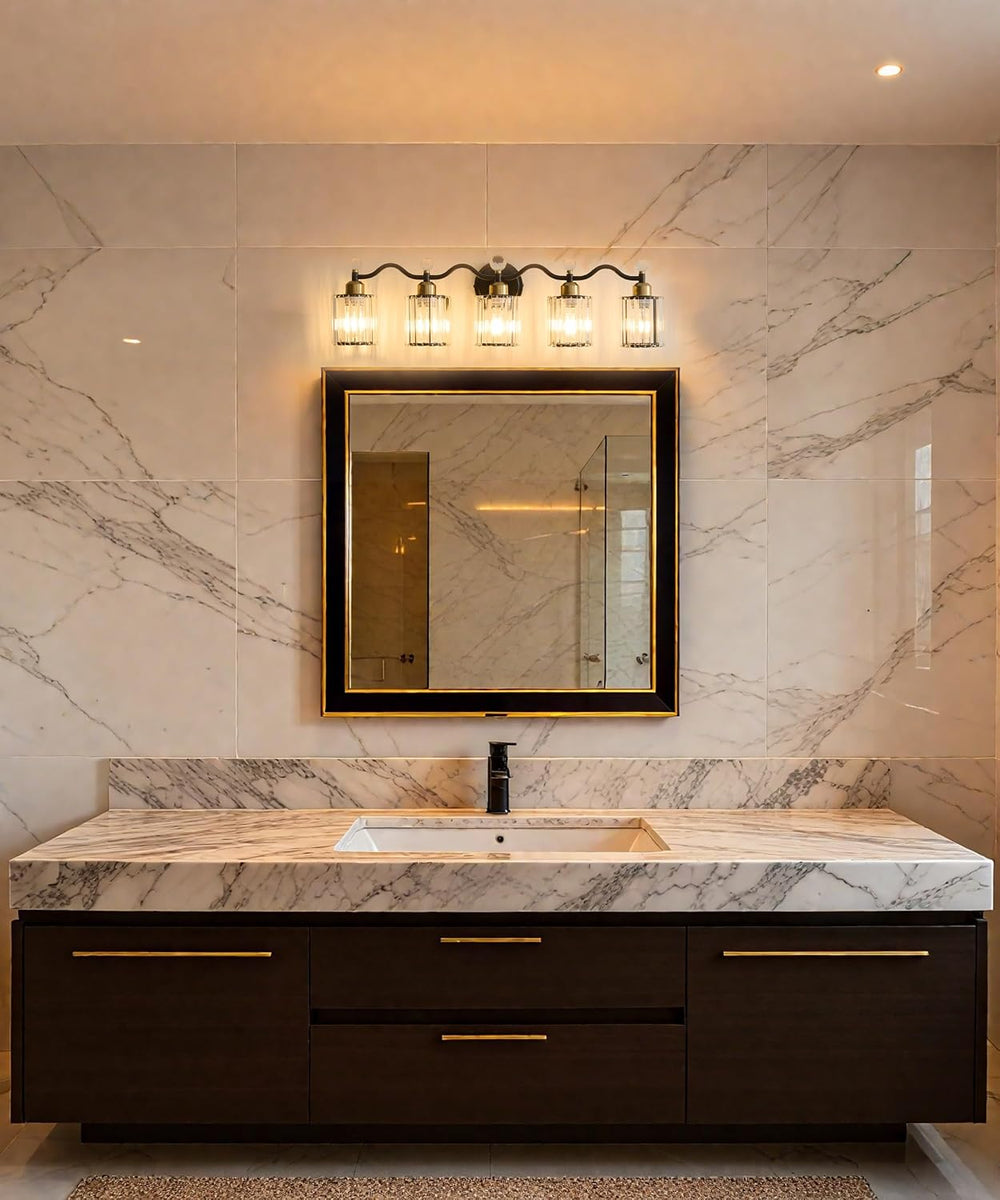 Black&Gold Bathroom Vanity Light Fixtures Over Mirror,5-Light Crystal Bat...