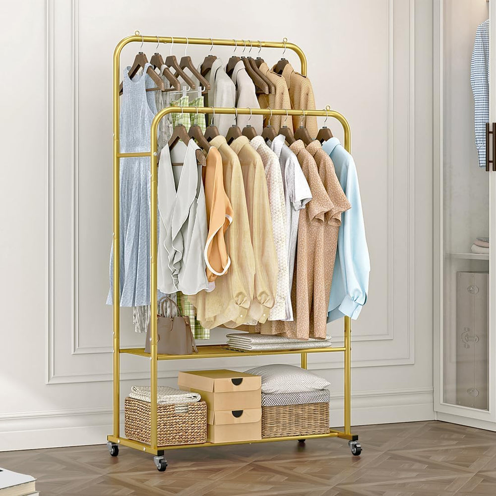 SUOERNUO Clothes Rack with Lockable Wheels Double Rods Metal Garment Racks