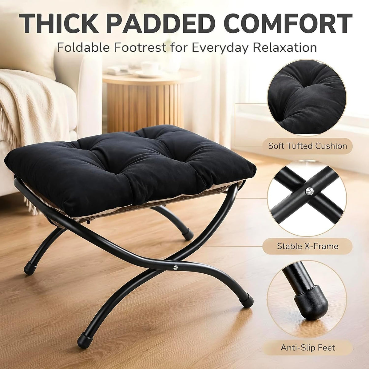15" upholstered folding foot rest stool with foldable, side view
