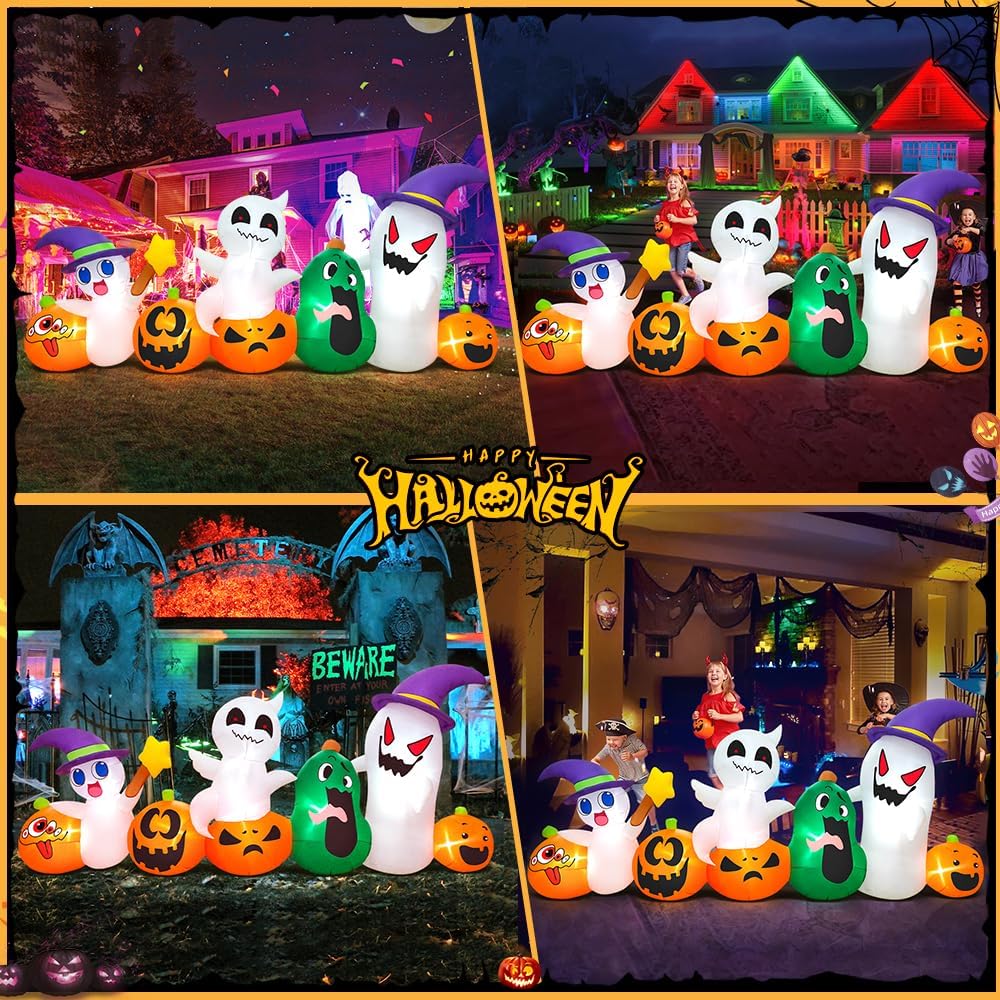 8 FT Halloween Inflatables Blow up Outdoor Decoration, Inflatable Ghost with Pumpkin Led Light Inflatables Outdoor Decor Blow up Inflatables for Holiday Party Lawn Yard Garden Décor
