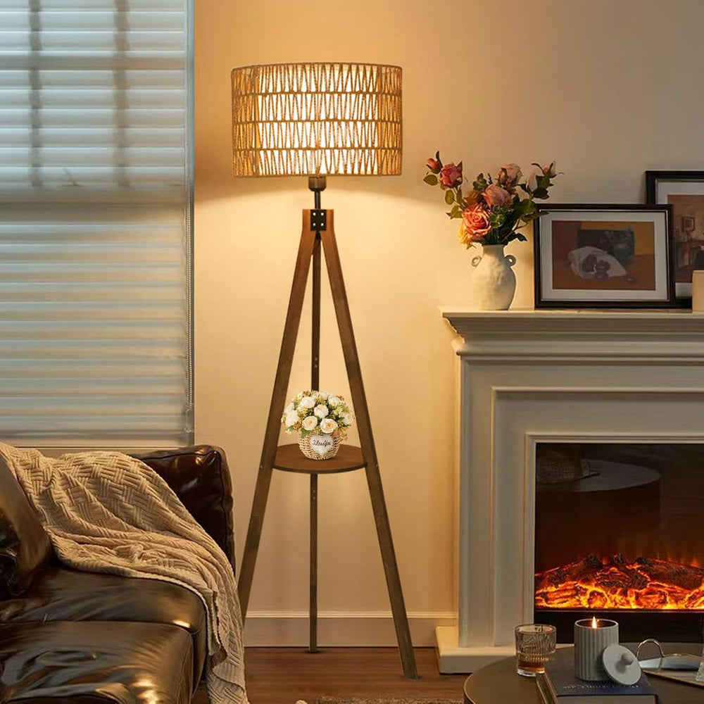 LAMSU Boho Tripod Floor Lamps for Living Room, Rattan Wood Floor Lamp with Fa...