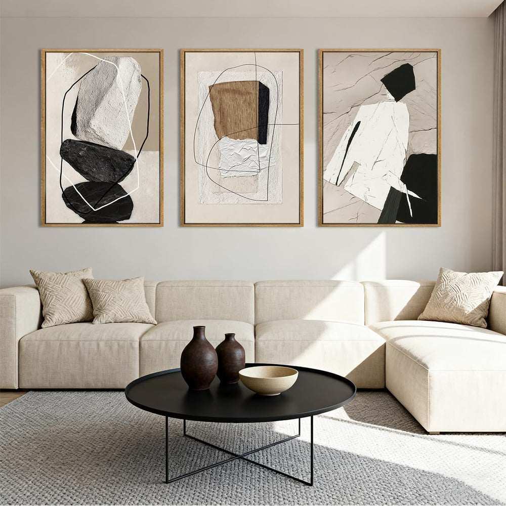 ANHUIB Large Neutral Abstract Wall Art Canvas,Black Beige Artwork, Modern Fra...