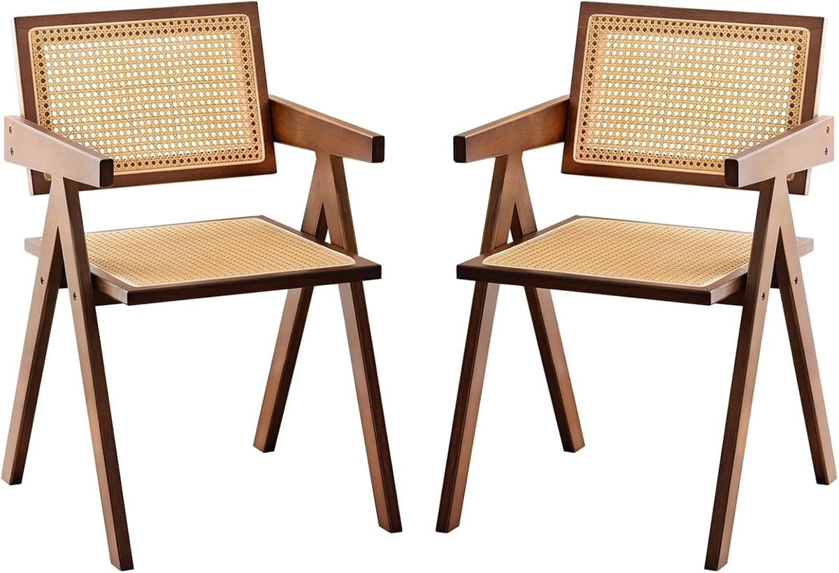 Furlide Rattan Dining Chairs Set of 2, Bamboo Armchairs in Walnut