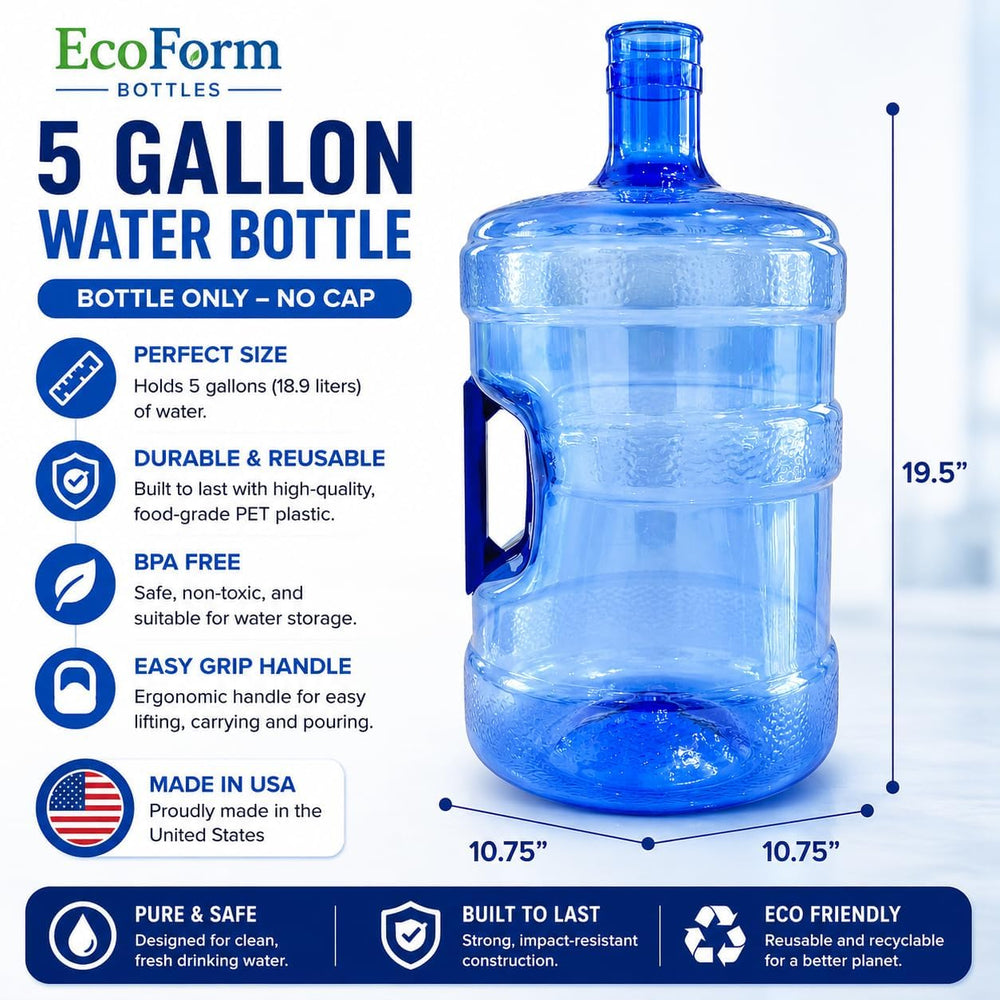 EcoForm 5 Gallon Water Jug with 2 Reusable Silicone Caps - BPA-Free Refillabl...