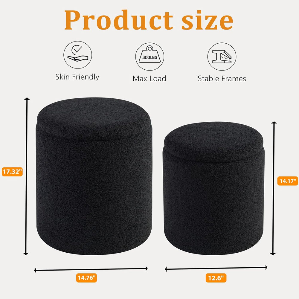 BLEXA Set of 2 Round Storage Ottoman, Black Boucle Ottoman with Storage