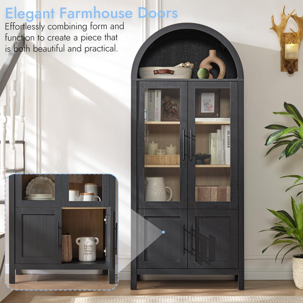 71" Tall Arched Display Cabinet with Glass Doors, 5-Tier Bookshelf