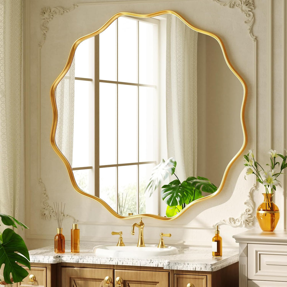 30" Decorative Scalloped Round Wall Mirror, Wavy Metal Deep Frame, Gold