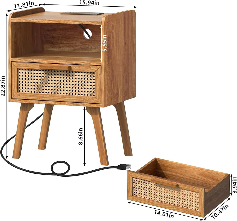 Lerliuo Rattan Nightstand with Charging Station, Side Table with Drawer