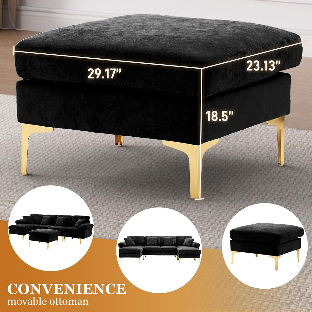 Wrofly 114" U-Shaped Velvet Sectional Couch with Ottoman, Black