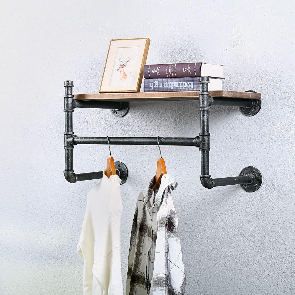 Industrial Pipe Clothing Rack With Shelves,Wall Mounted Clothes Rack 24In