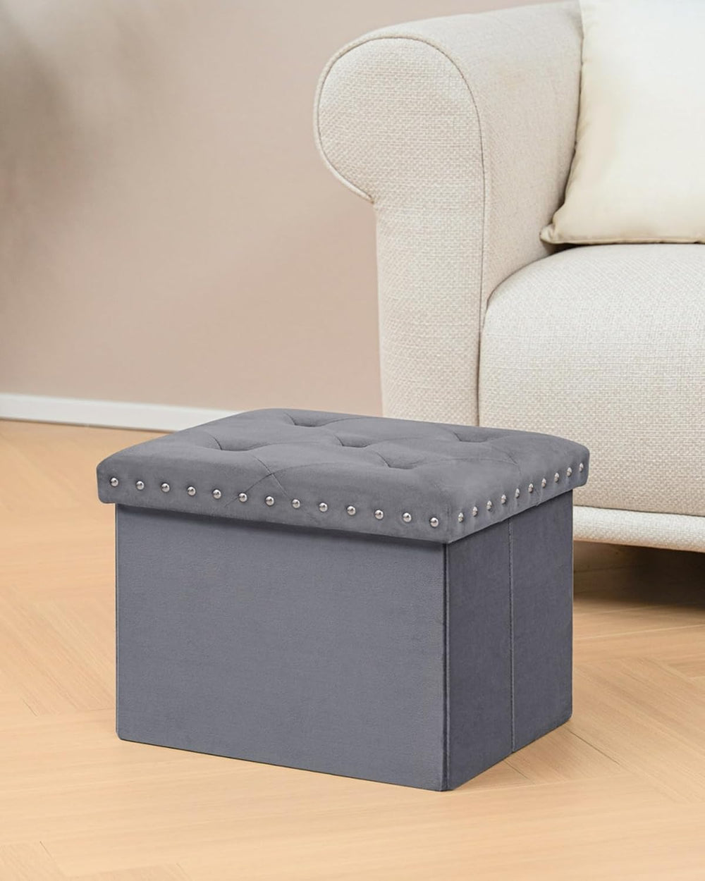 B FSOBEIIALEO Storage Ottoman Cube, 16.5" Velvet Folding Ottoman, Grey