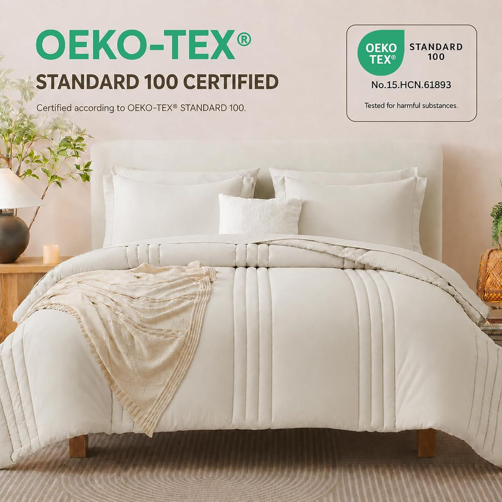 CozyLux Queen Comforter Set Beige - 7 Pieces Vertical Quilted Bed in a Bag