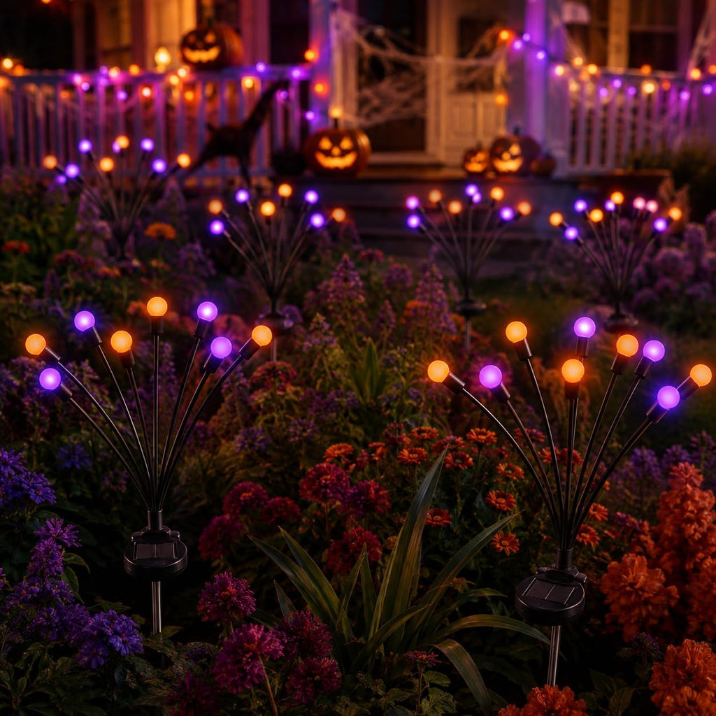 Solar Firefly Lights Outdoor, 4 Pack Orange Purple Halloween Yard Decor
