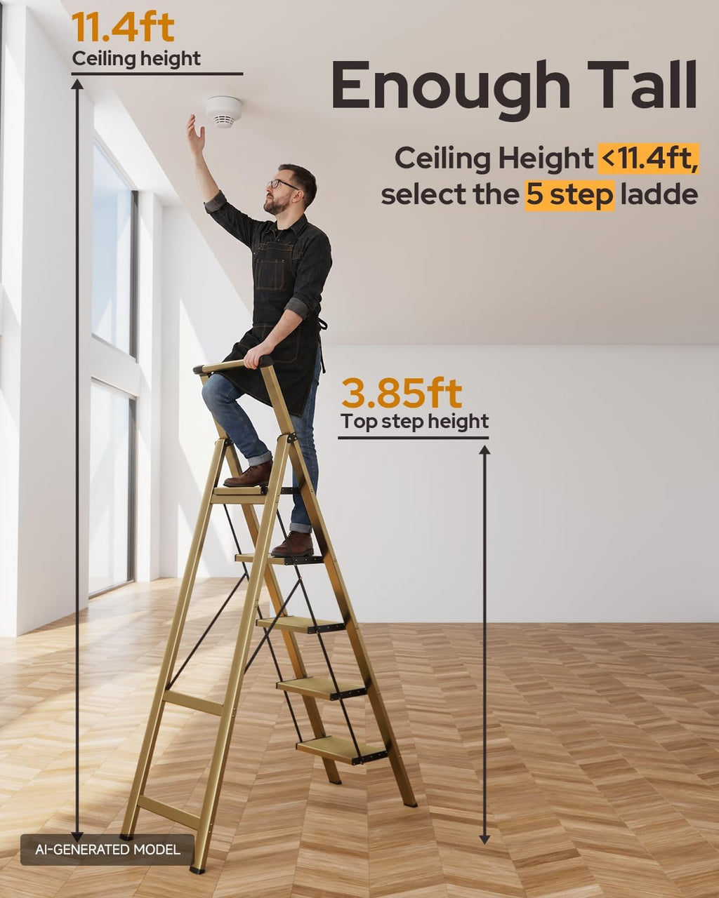 5 Step Ladder, Foldable 5 Step Stool, Gold