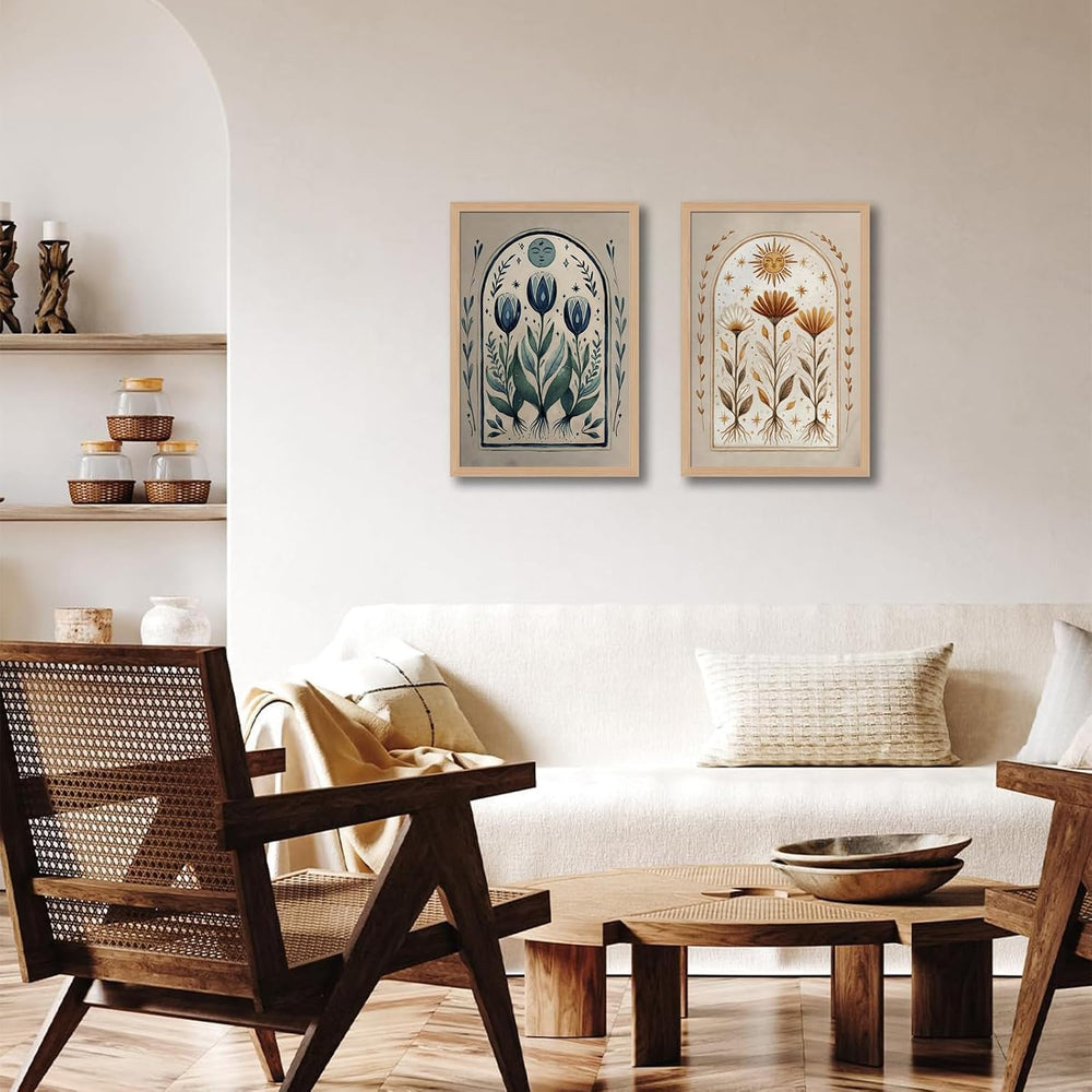 skysoon Boho Moon and Sun Wall Art Set of 2, Floral Botanical Prints