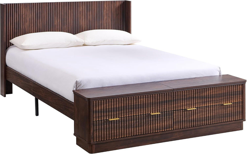 T4TREAM Fluted Queen Bed with Headboard and Storage Bench, Dark Walnut