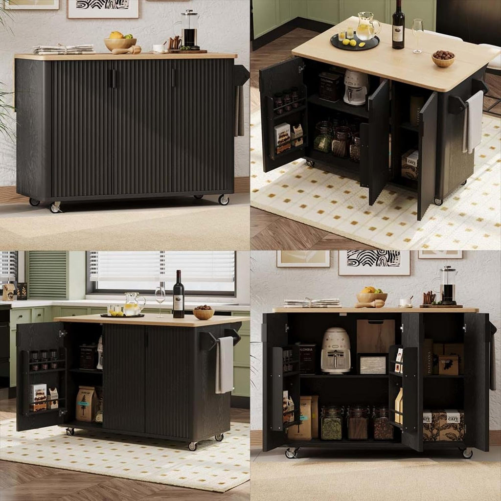 Kitchen Island with Storage with Drop Leaf with Storage and Dining Table, Kitchen Island with Drop Leaf with Wheels Towel Rack， for Kitchen, Dining Room, Black
