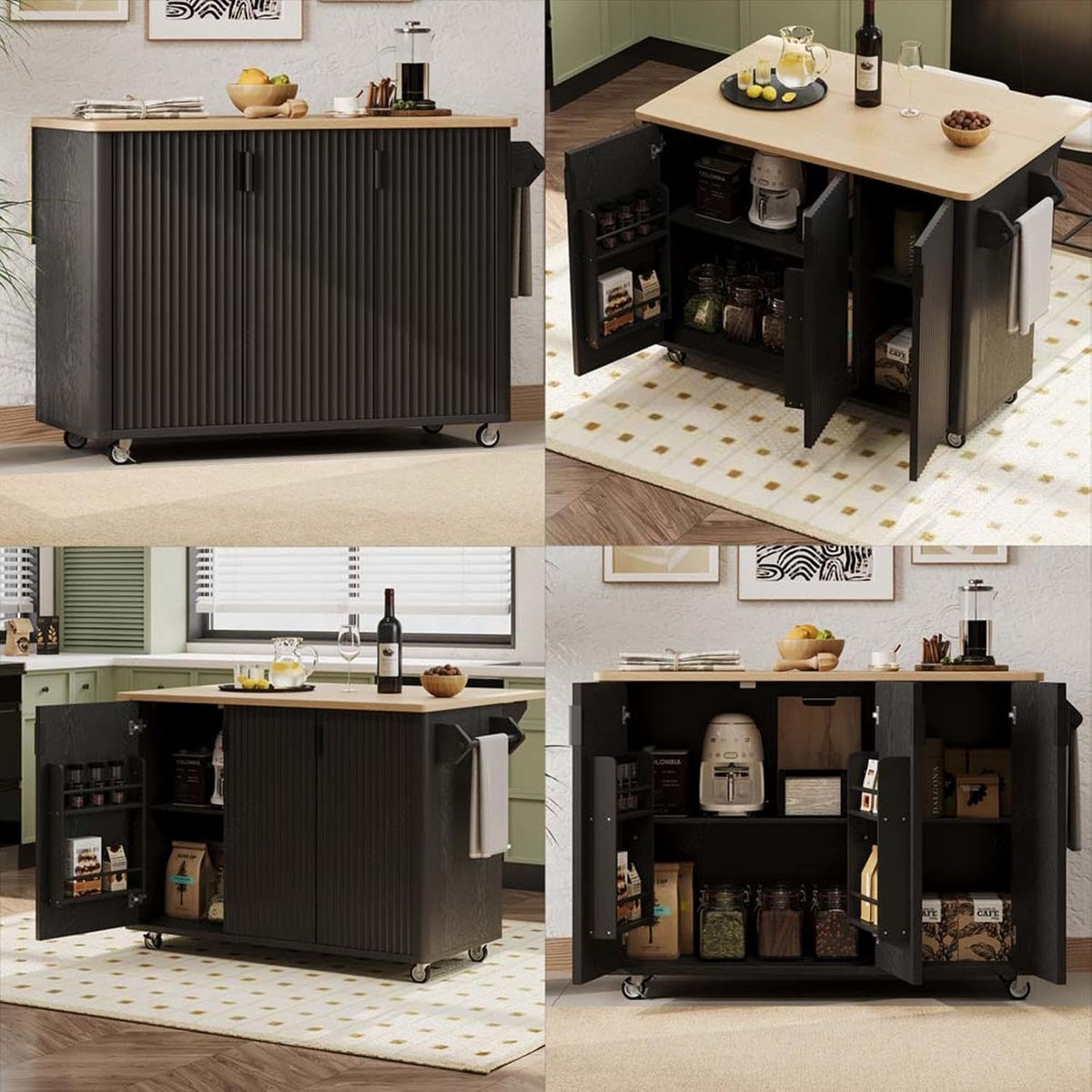 Kitchen Island with Storage with Drop Leaf with Storage and Dining Table, Kitchen Island with Drop Leaf with Wheels Towel Rack， for Kitchen, Dining Room, Black