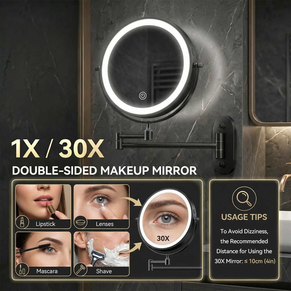 Auxmir 1X/30X Wall Mounted Makeup Mirror, 8" Rechargeable Magnifying Mirror