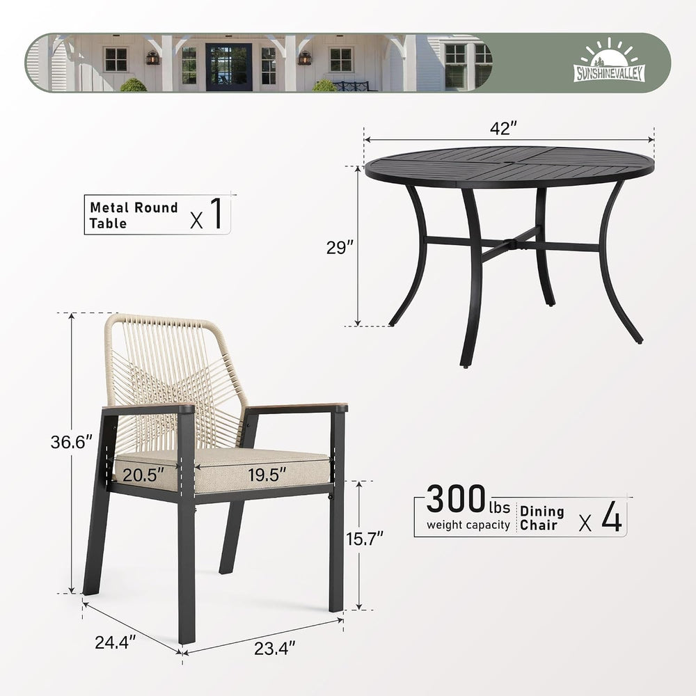 SUNSHINE VALLEY 5pc Patio Dining Set, 42" Round Table & 4 Rattan Chairs